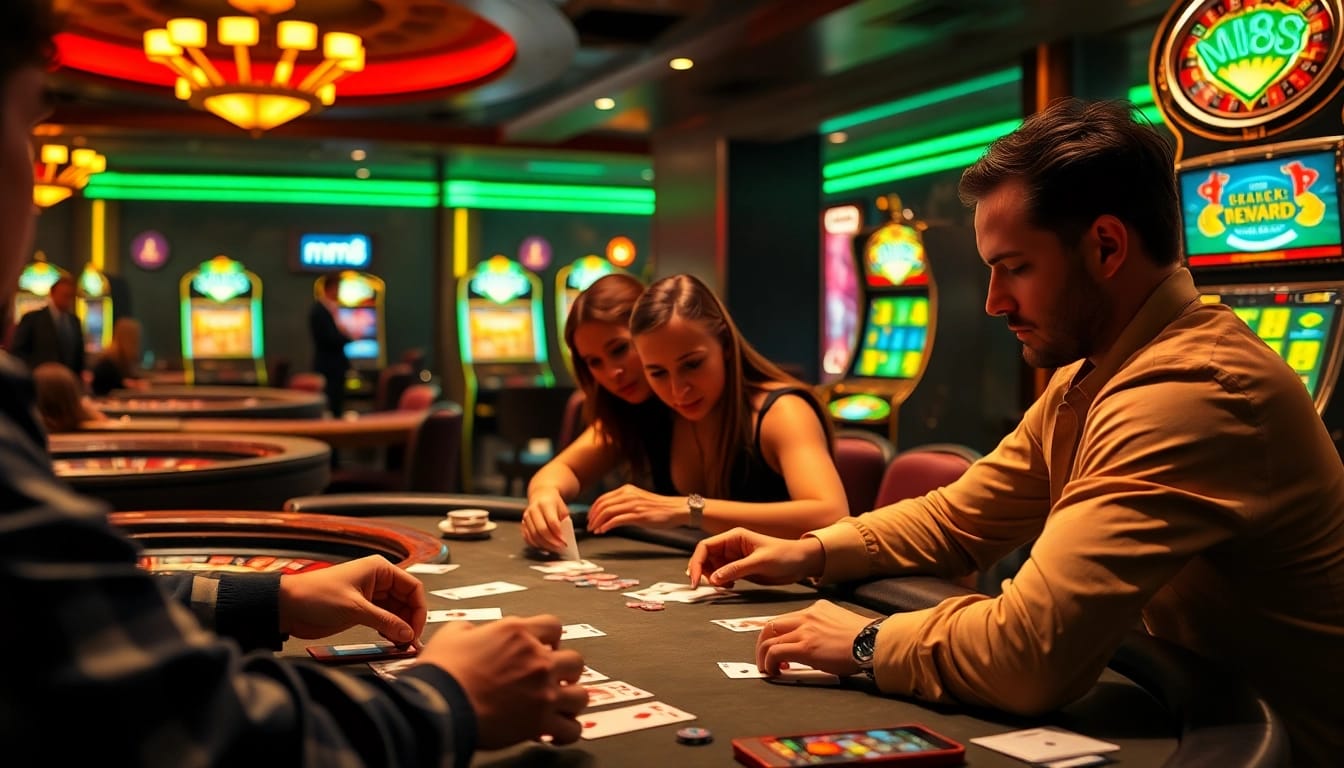 High-stakes poker game featuring mm8 strategies, casino tables, and excited players engaged in the thrill of gambling.