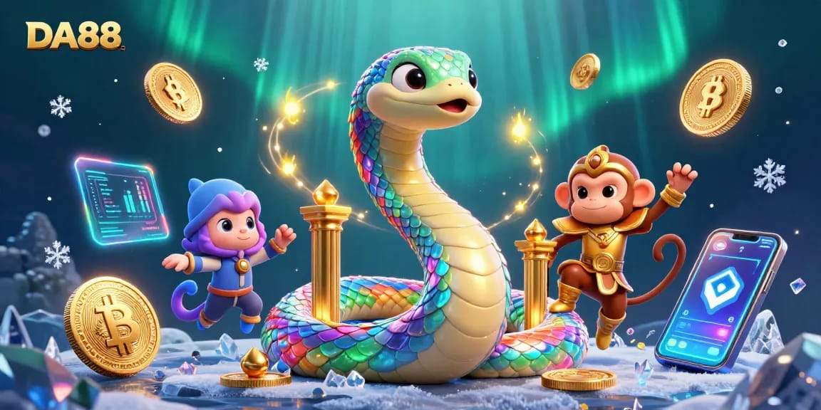 Engage your luck with DA88 in a vibrant casino setting showcasing lively characters amidst crypto elements.
