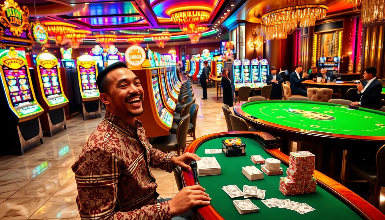 Player testing their luck on a slot machine surrounded by vibrant casino elements and excitement.