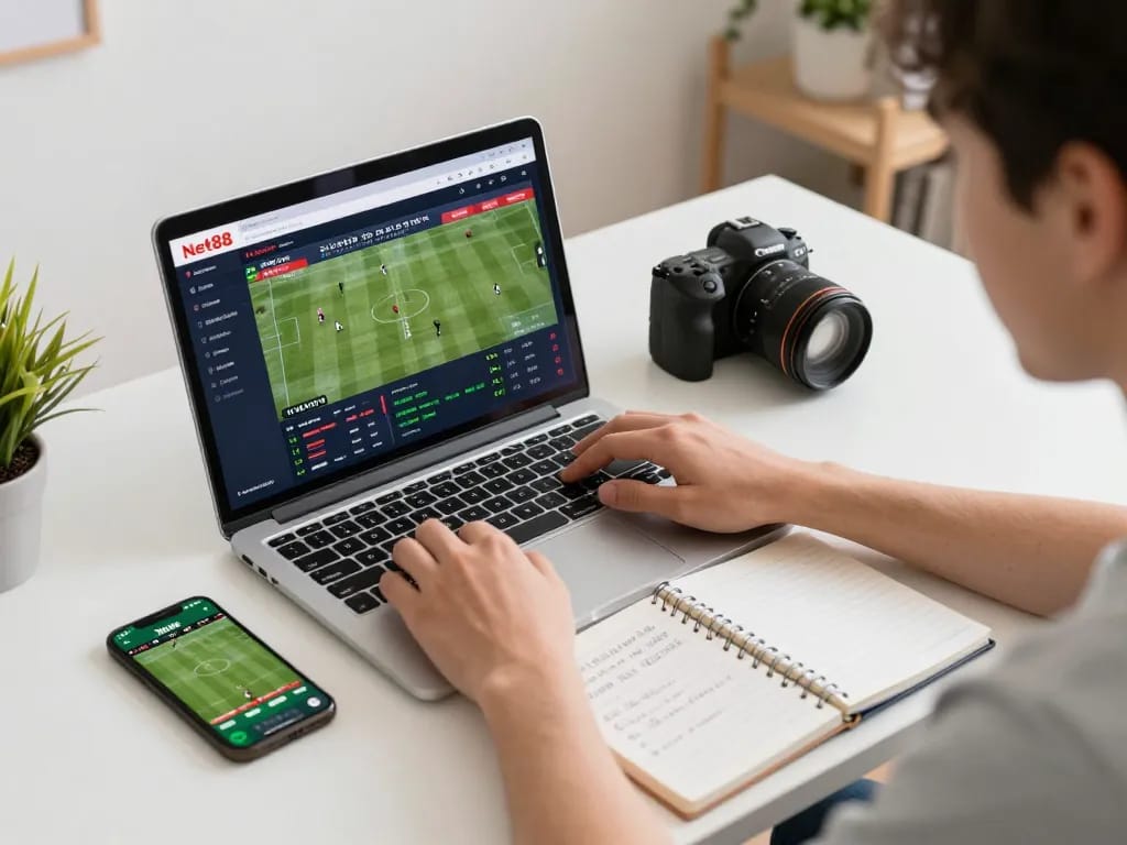 Person engaged in sports betting on Net88 platform with notes and smartphone in a vibrant home setting.