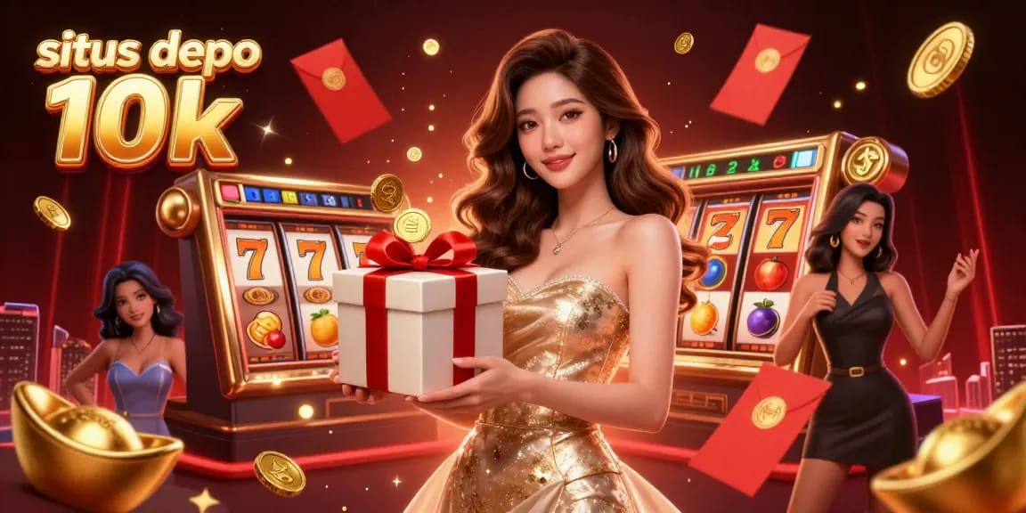 Win big with situs depo 10k, featuring a beautiful woman with coins and vibrant slot game elements.