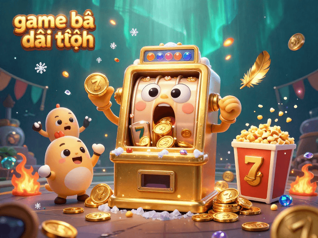Engage in thrilling game bài đổi thưởng with 3D cartoon slot machines celebrating a big win.
