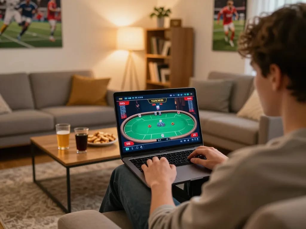 Engaging view of a person watching ดูหนัง online while placing bets, showcasing a dynamic home gaming atmosphere