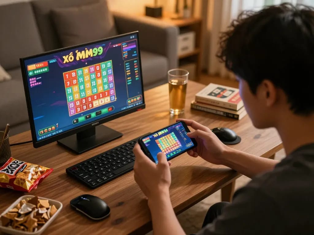 Xổ Số MM99 player enjoying a lottery game on their smartphone in a cozy home setting.