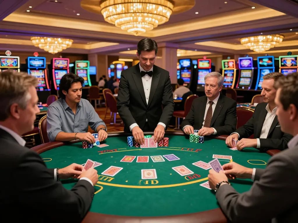 Gameradar players calculating strategies at an upscale blackjack table in Las Vegas casino