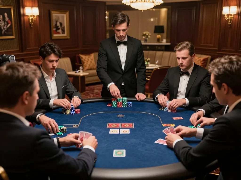 BONGDALU players strategizing at an elegant poker table in a high-stakes game atmosphere.