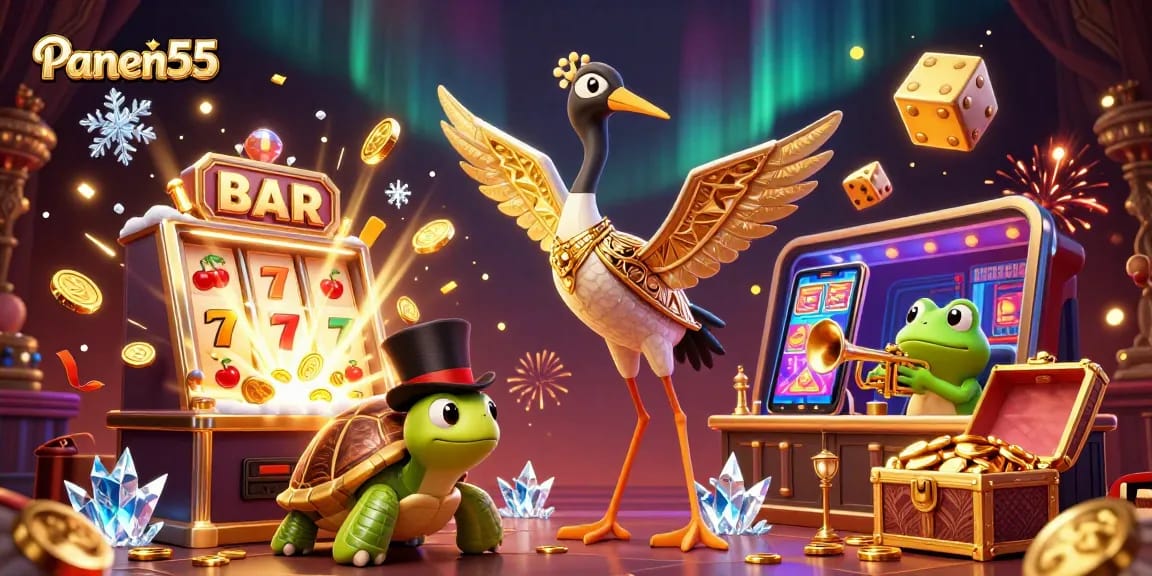 Experience the excitement of Panen55 at a glamorous speakeasy casino scene with vibrant characters and game elements.