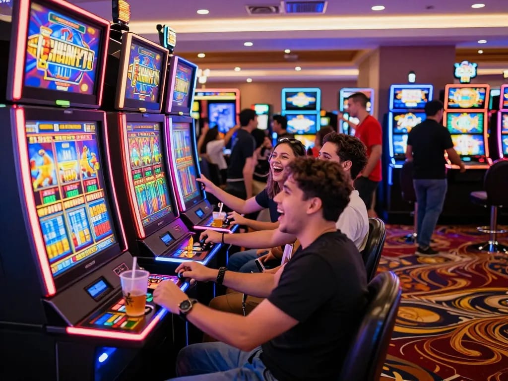 Suasana kasino yang menarik dengan teman-teman yang berinteraksi dengan mesin situs slot, suasana yang hidup dan pencahayaan yang dinamis.