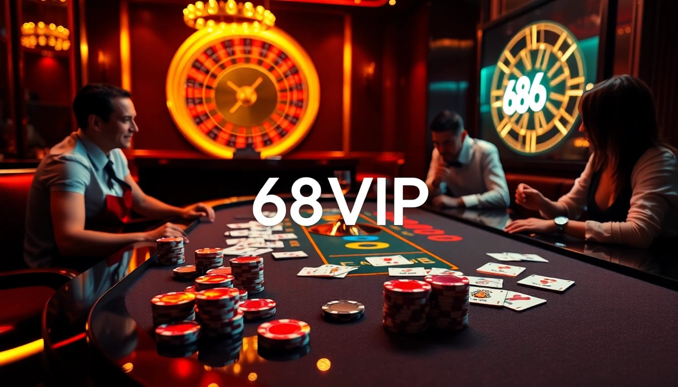 Experience the excitement of 68VIP online betting with vibrant casino tables and engaging gamblers.