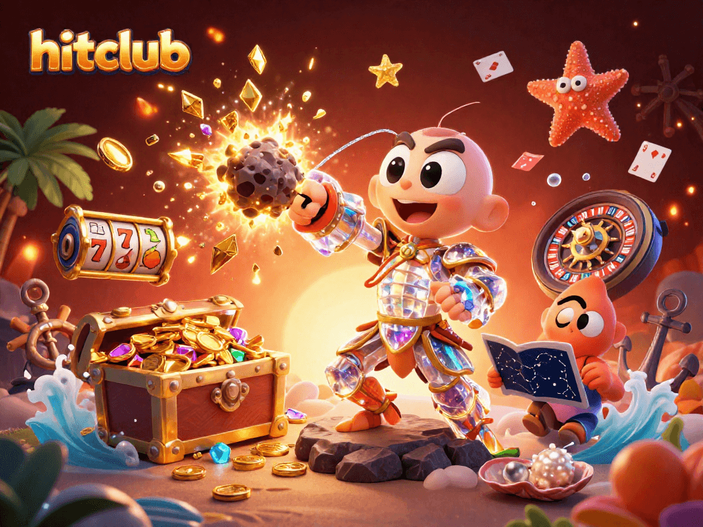 Hitclub showcases a vibrant scene of a galactic samurai mantis shrimp winning big with golden gems and coins at an online casino.