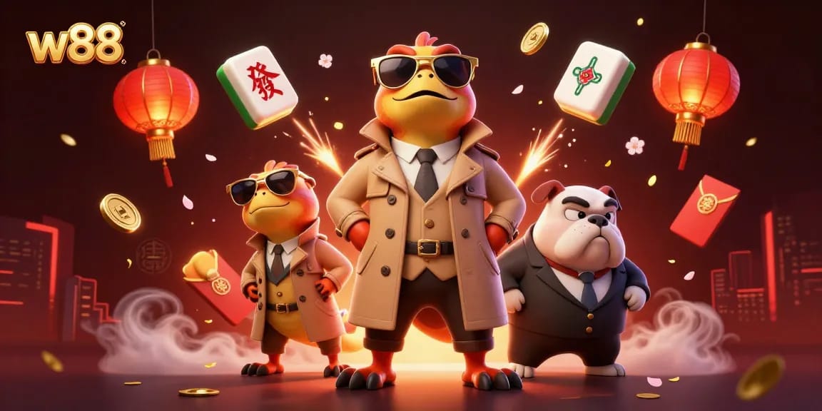 Trải nghiệm cá cược tại w88 với ba nhân vật hài hước trong casino sang trọng.