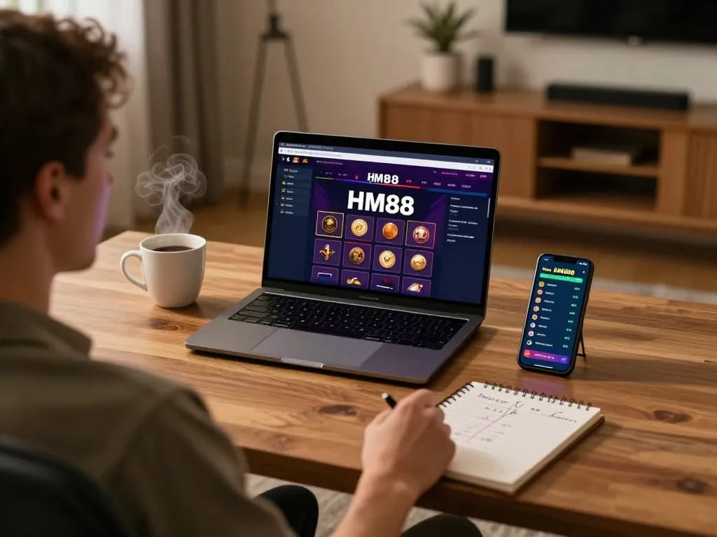 Engaging in a riveting game on HM88 com, featuring a sleek laptop and strategic betting notes