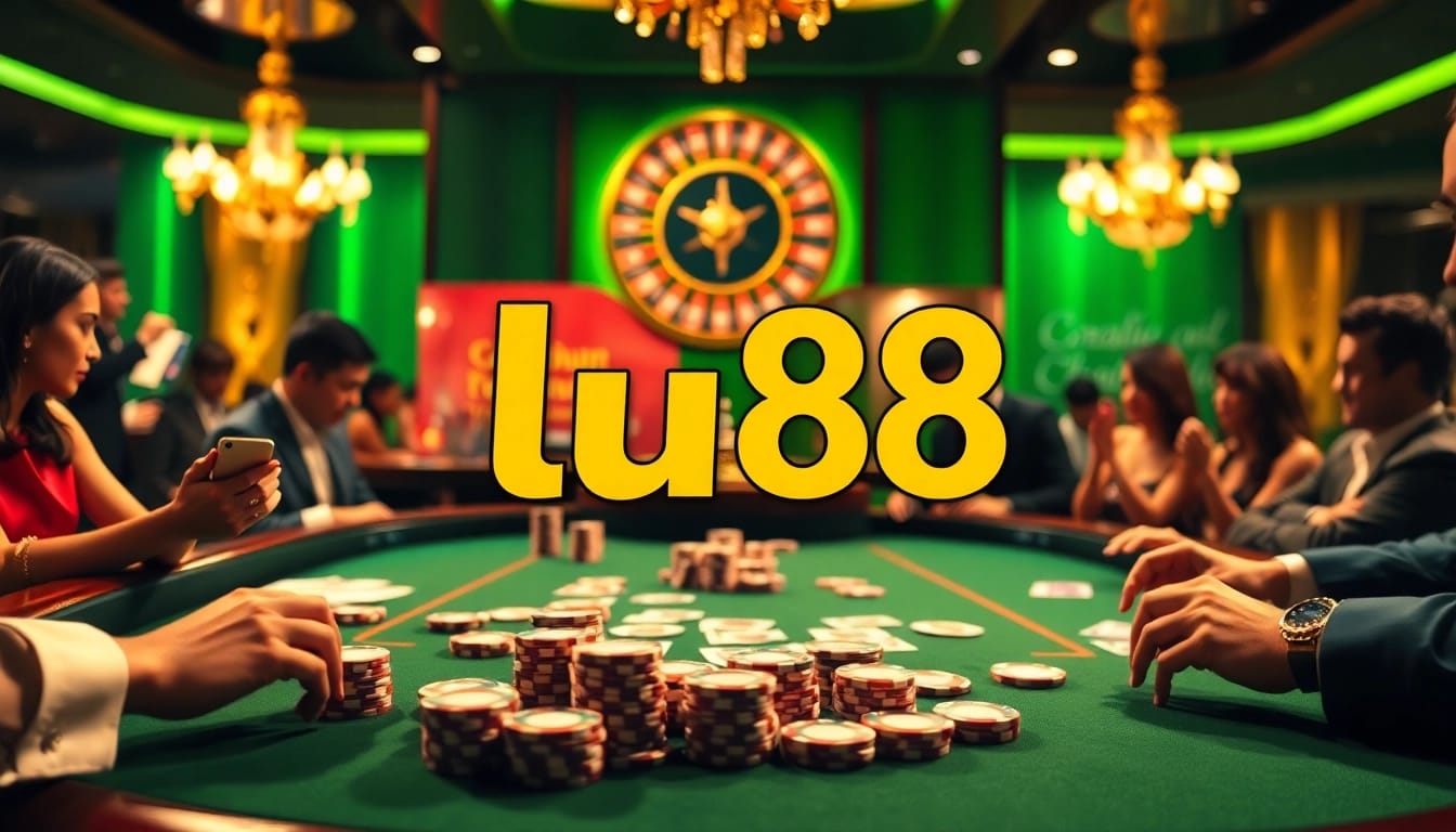 Players engaging at a luxurious poker table at lu88 casino, emphasizing excitement and strategy.