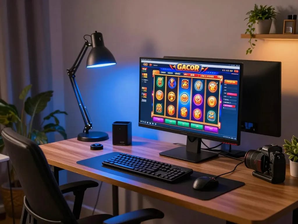 Engaging scene of home gaming setup for slot gacor gameplay on desktop computer, showing vibrant graphics and cozy atmosphere