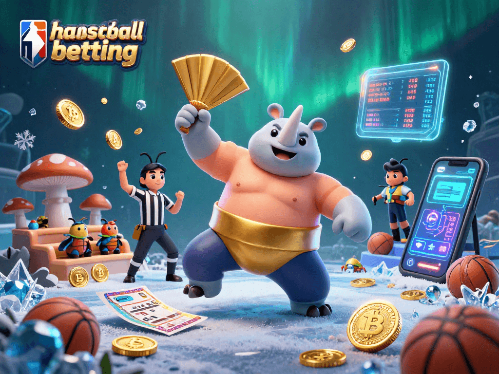 Win big with nba basketball betting as a rhinoceros beetle sumo champion stomps gold coins, surrounded by dynamic sports elements.