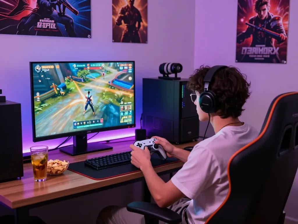 Engaged gamer playing an adult game on a vibrant screen with snacks around.