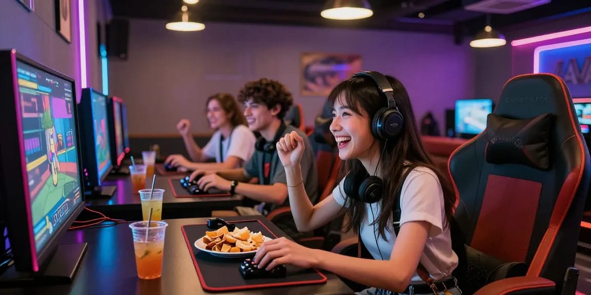 iwin gaming lounge with friends enjoying interactive gameplay, vibrant atmosphere, gourmet snacks.