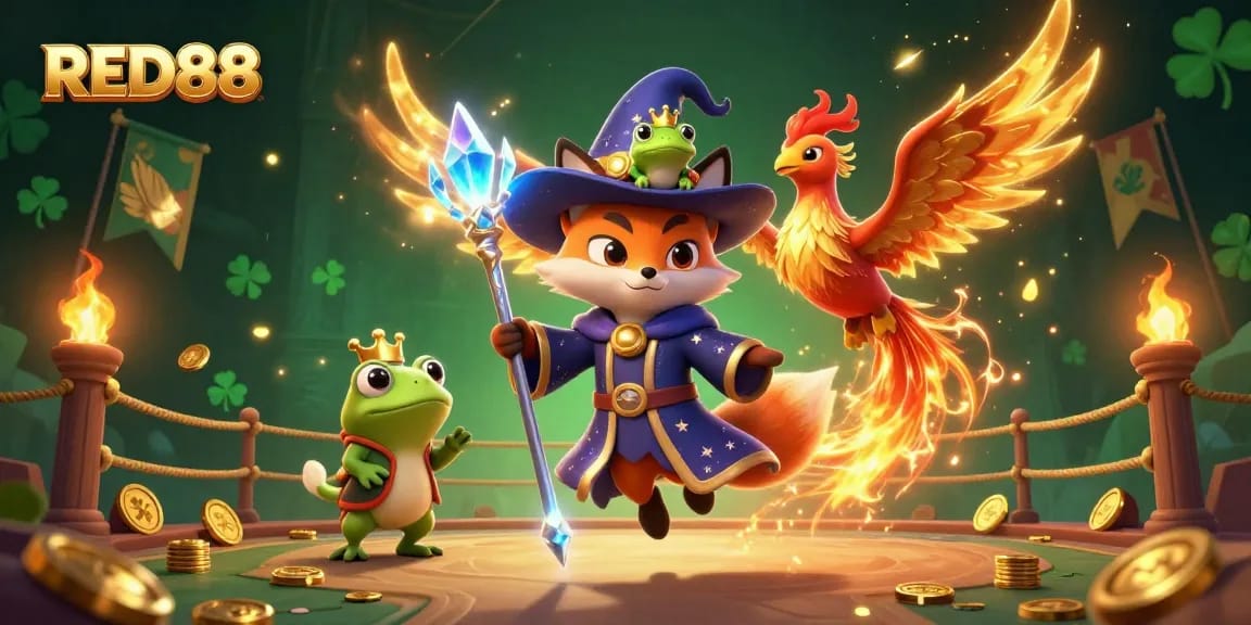 Engage with RED88's vibrant casino-themed adventure showcasing a mystical wizard fox and more.