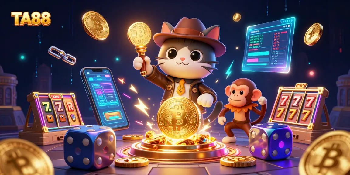 TA88 showcases a cat archaeologist discovering casino artifacts with vibrant gaming elements