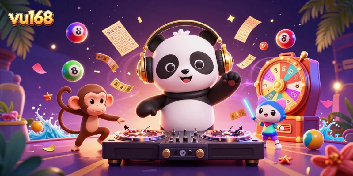 Experience thrilling moments with vu168, featuring DJ panda and a breakdancer in a vibrant casino scene.