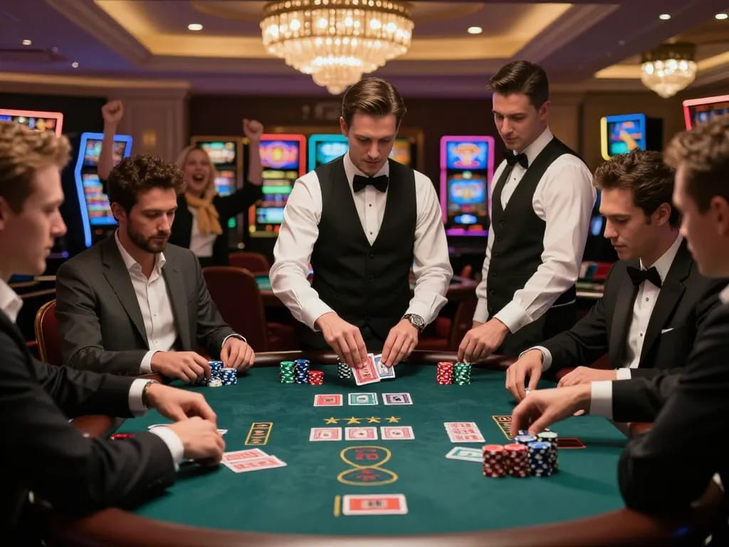 Bet on winning strategies at TT88 blackjack table with elegant players and dealer action.
