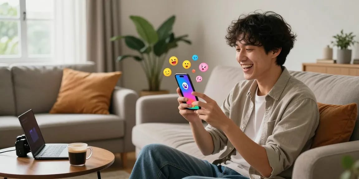 Engaging chat with Crushon AI character in a cozy living room, person smiling at smartphone.