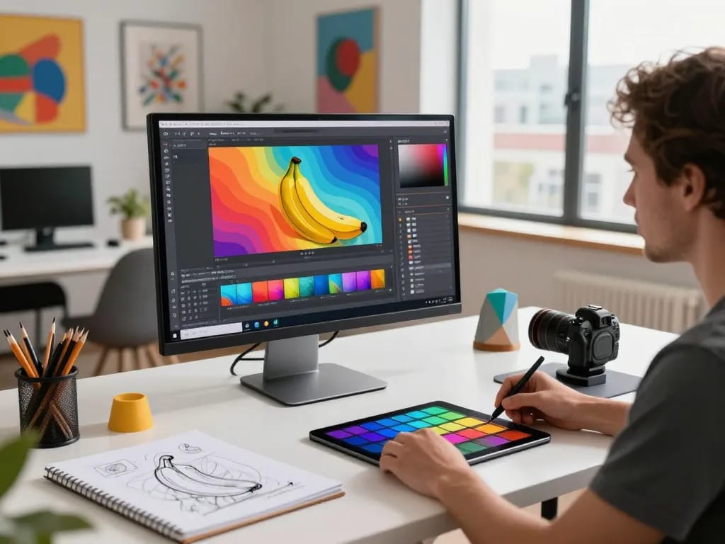 Creative workspace showcasing a designer using nano banana 2 AI image editing tools with vibrant visuals.
