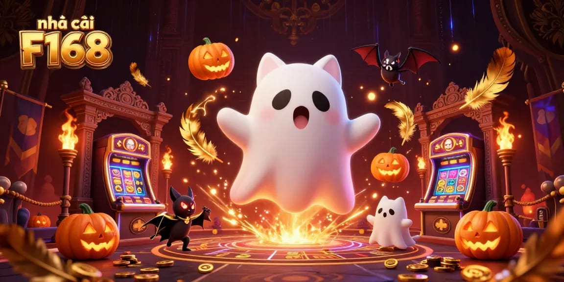 Experience the thrills at nhà cái F168 with a 3D ghost cat and bat in a haunted casino.