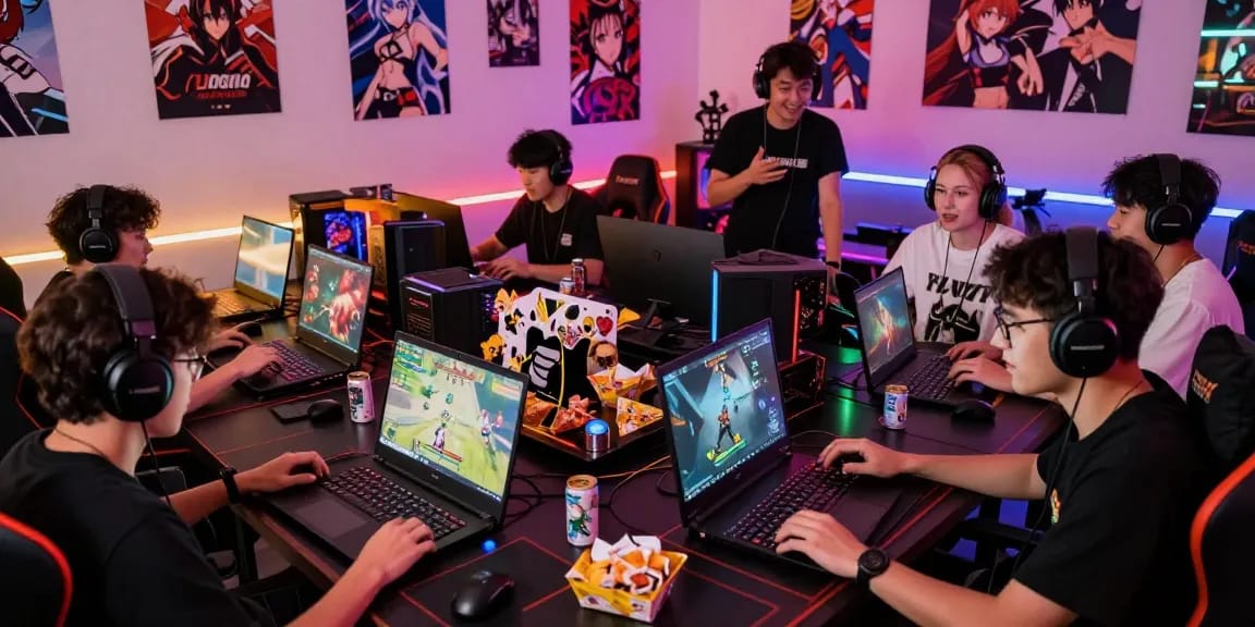 Players enjoying hentai games online in a vibrant gaming setup with snacks and anime decor.