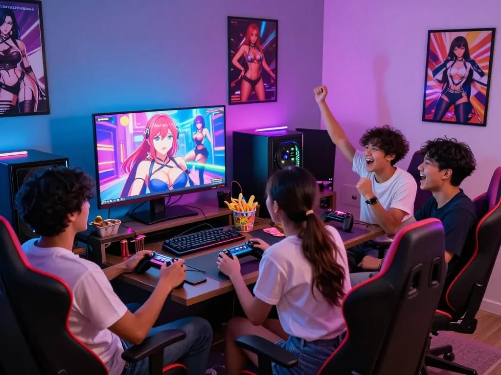 Friends enjoying a night of playing sex games in a colorful gaming room, vibrant LED lights and animated visuals.