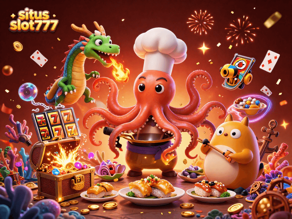 Situs slot777 features an engaging scene of characters preparing for gambling with dynamic elements of slots and confetti.