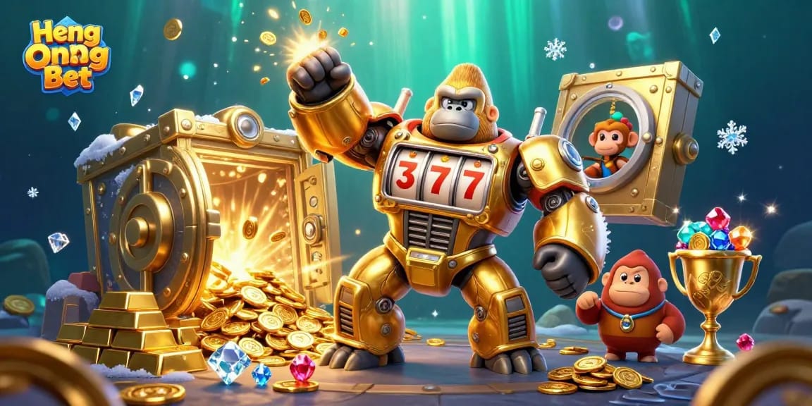 Join the excitement at Heng Ong Bet with a dynamic illustration of a golden gorilla mech amidst treasures and casino elements.