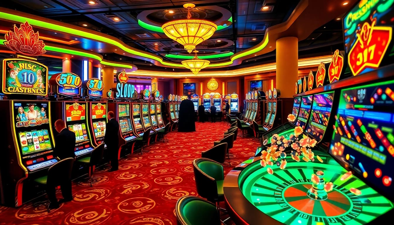 Players enjoying slot gacor machines in a vibrant casino atmosphere filled with excitement.