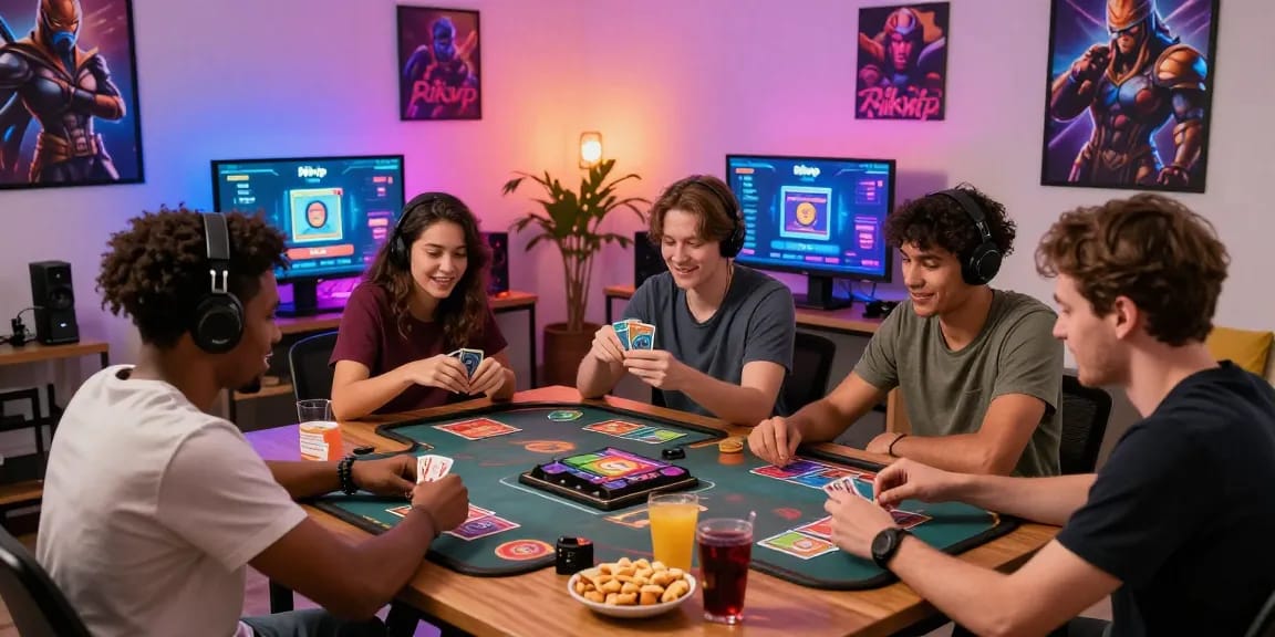 Friends enjoying an exciting game session on the Rikvip platform in a lively living room.
