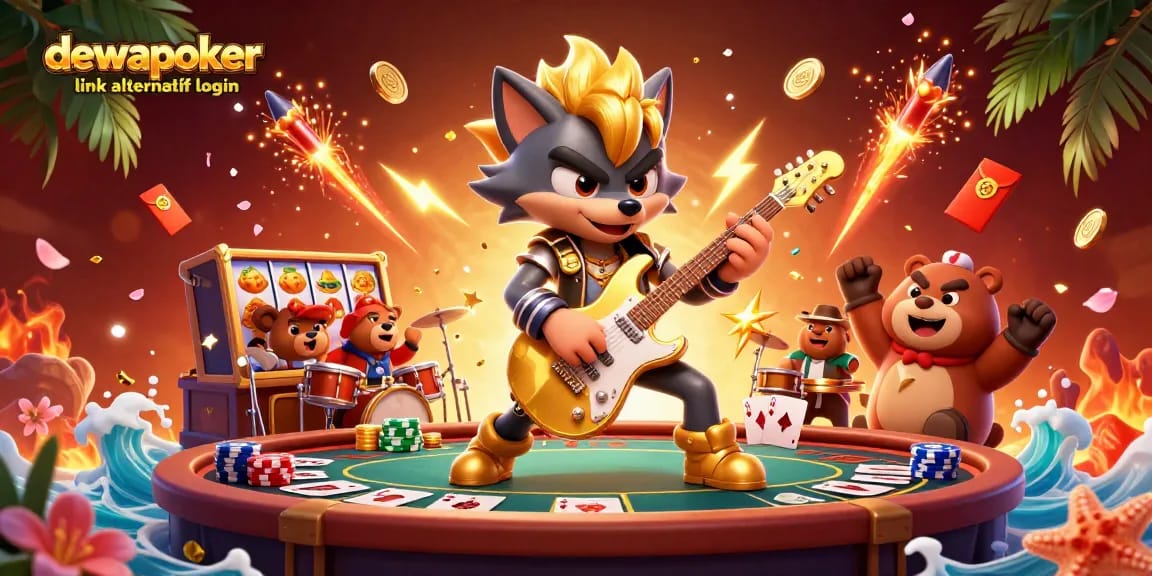 Experience the thrill of gambling with dewapoker link alternatif login, featuring a vibrant 3D scene of poker and casino elements.