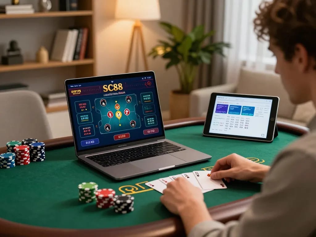 Player experiencing high-energy baccarat gameplay on SC88 in a cozy home setup.