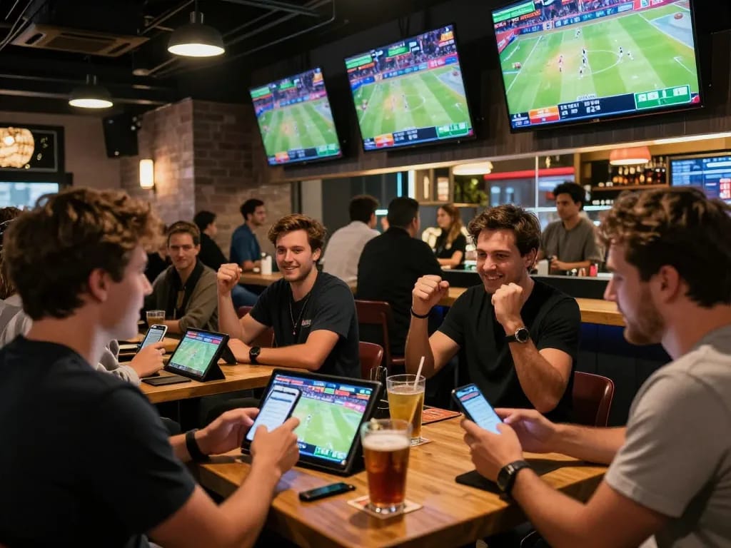 Excited bettors placing bets on xx 88 at a modern sports bar during live games.