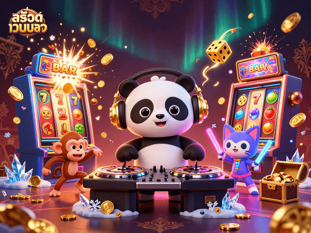 Engage with สล็อตเว็บตรง through a vibrant 3D illustration featuring a DJ panda, breakdancing monkey, and glow-stick kitten.