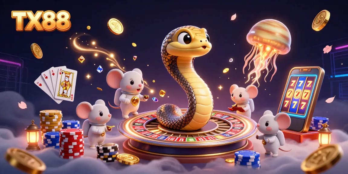 Win big at TX88 casino with animated characters and vibrant game elements in a cosmic gambling scene