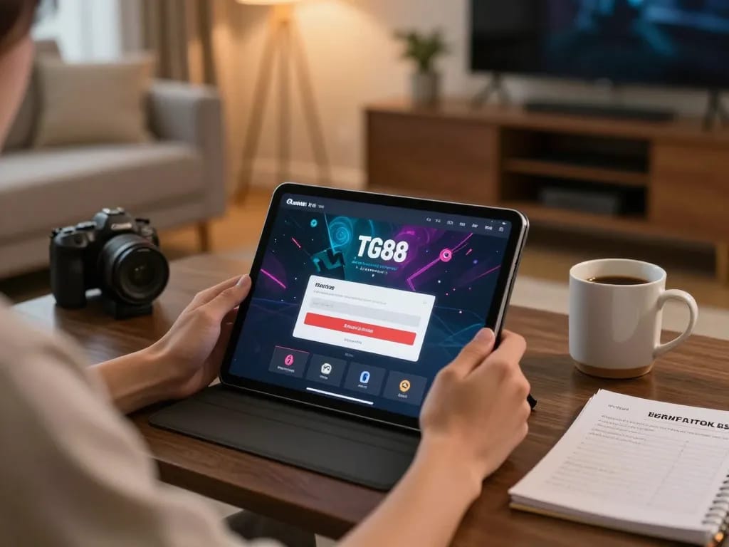 Engaging in tg88 đăng nhập on a tablet in a cozy home setting, showcasing strategic gaming