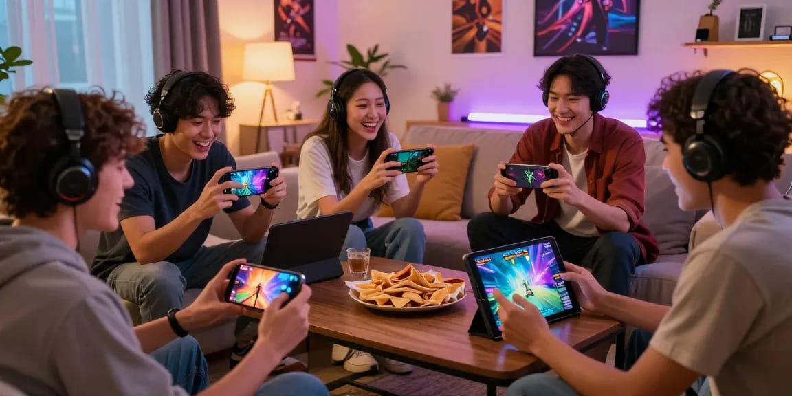Friends enjoying intense gaming session on 68gamebai with vibrant visuals and snacks