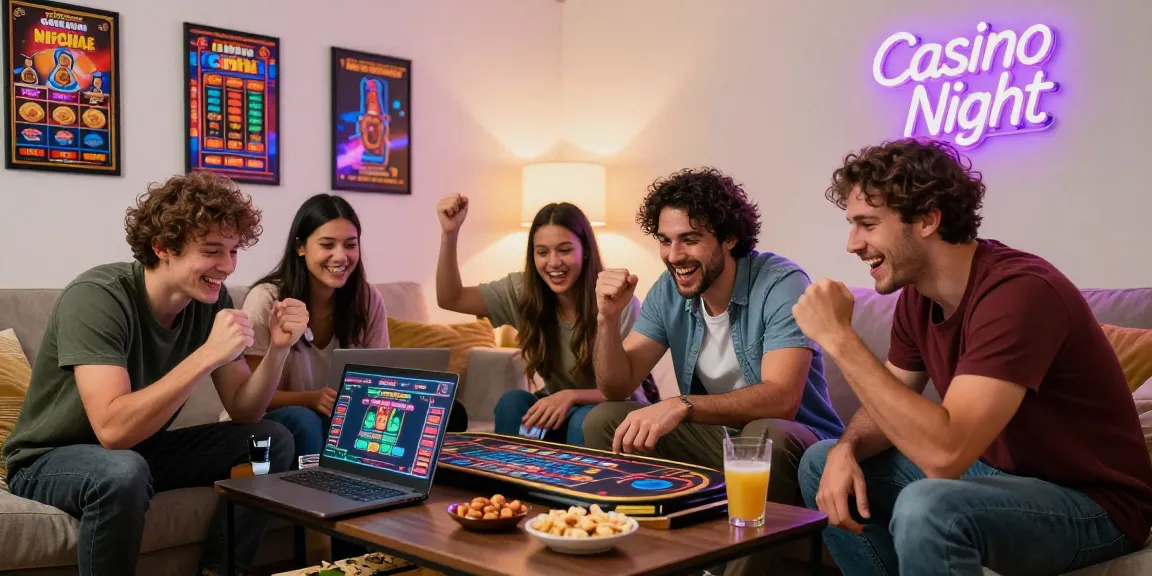 Friends enjoying online casinos in Australia, celebrating a win while playing together in a cozy living room setup.