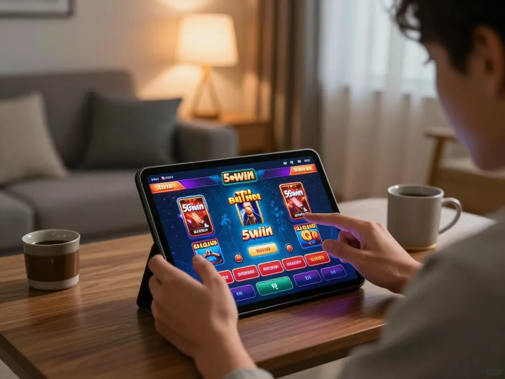 Player engaging in online gaming at 56win casino website with vibrant tablet display