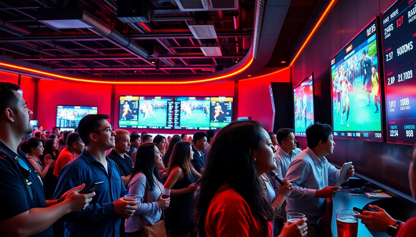 Engaged enthusiasts enjoying sports betting in a lively sportsbook environment.
