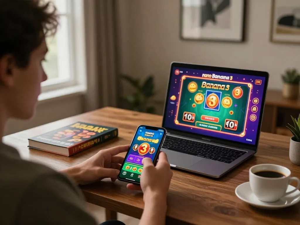 Engaging with the nano banana 3 app on smartphone while enjoying online casino gameplay in a stylish home office setting.
