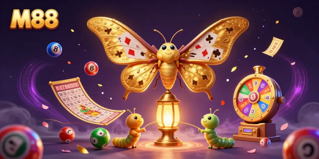 Experience thrills with M88 as colorful lottery balls, and golden tickets create a vibrant casino atmosphere.