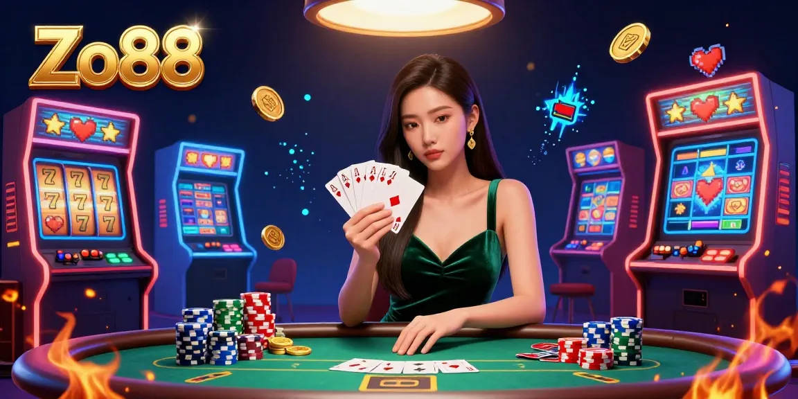 Experience the thrill of winning at Zo88 with a strategic poker game illustration featuring a beautiful Asian woman at the table.