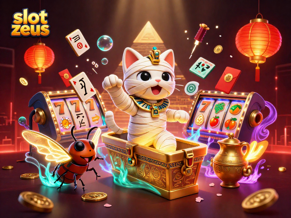 Experience the excitement of slot zeus with a dynamic 3D illustration featuring a mystical Egyptian theme and vibrant casino elements.