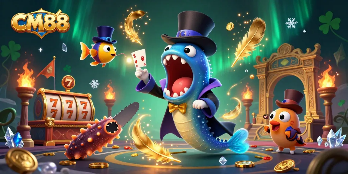 Experience CM88's exciting gaming with card magic and casino elements in a vibrant illustration.