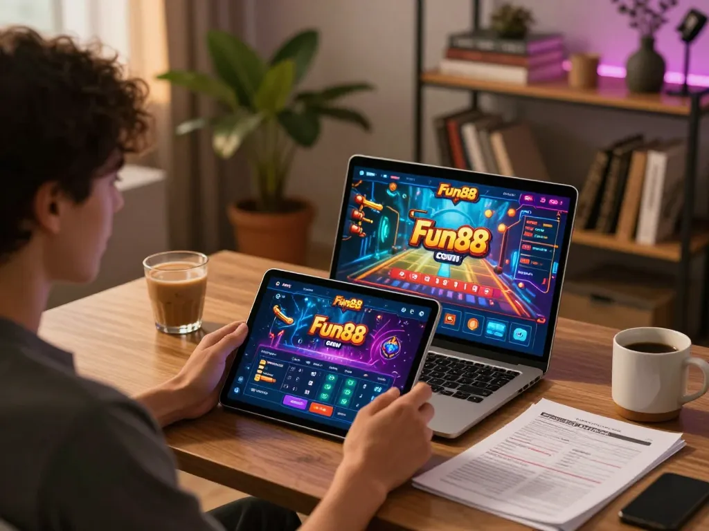 Engaging with the Fun88 com casino app on a tablet at home, showcasing online gaming strategy.